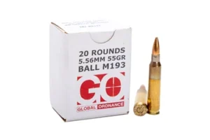Global Ordnance M193, 556NATO, 55 Grain, Brass Case, Full Metal Jacket, 20 Round Box GO850003223346