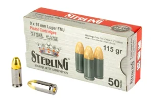 Sterling Steel Case, 9MM, 115 Grain, Full Metal Jacket, 50 Round Box SRL8698779957674
