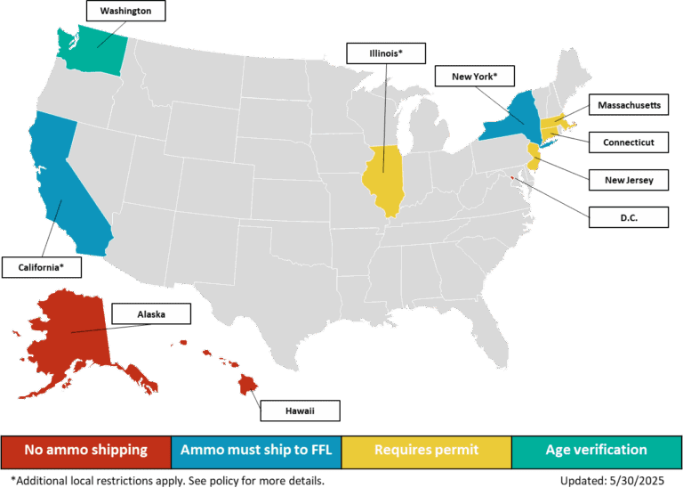 Map
  showing ammo shipping restrictions by state